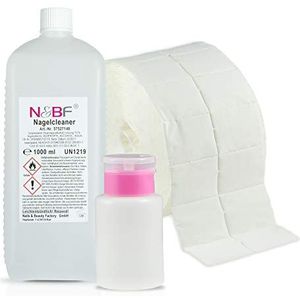 NAILS FACTORY | N&BF Reinigingsset voor nagels | 1000 ml nagelreiniger | dispenser flesje met pomp en 1000 celstofdeppers (2 rollen à 500 stuks) | 70% Isopropanol | geschikt voor gelnagels