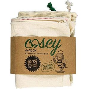 Cosey Herbruikbare fruit- en groentezakken van katoen met tarra (4 stuks)