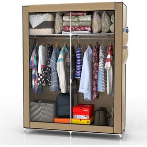 Intirilife opvouwbare garderobekast 108x170x45 cm in CRÈME BEIGE - Vouwkast met ritssluiting Stoffen garderobekast met kledingroede, vakken en zijvak - kampeergarderobekast van textiel