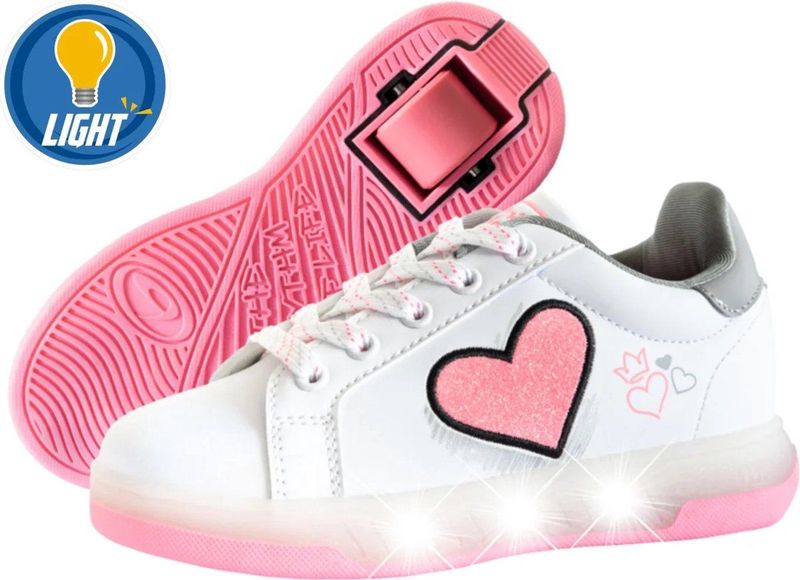 Breezy Rollers Kinder Sneakers met Wieltjes - Wit Roze LED - Schoenen met wieltjes - Rolschoenen - Maat: 29