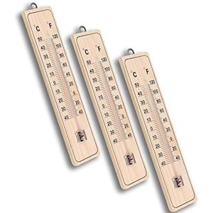 mumbi 3 x houten thermometer, thermometer, tuinthermometer, analoog, van hout, voor binnen en buiten, bruin