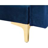 Hoekbank donkerblauw fluweel 3-zits getuft gouden poten verstelbare rugleuning L-vorm modulair linkszijdig