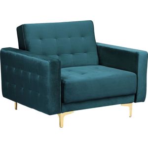 Fauteuil blauwgroen fluweel getufte stof moderne woonkamer ligstoel gouden poten