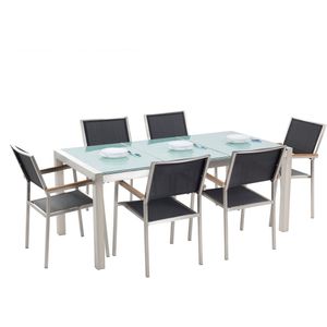 Tuinset tafel en 6 stoelen zwart RVS matglazen driedelig tafelblad houtlook armleuningen