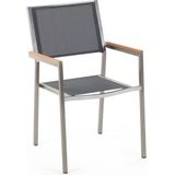 Tuinset tafel en 6 stoelen grijs RVS textiel matglazen driedelig tafelblad houtlook armleuningen