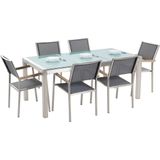 Tuinset tafel en 6 stoelen grijs RVS textiel matglazen driedelig tafelblad houtlook armleuningen