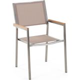 Tuinset tafel en 6 stoelen beige RVS textiel matglazen driedelig tafelblad houtlook armleuningen