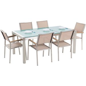 Tuinset tafel en 6 stoelen beige RVS textiel matglazen driedelig tafelblad houtlook armleuningen