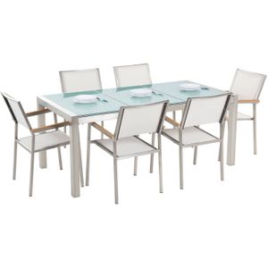 Tuinset tafel en 6 stoelen wit RVS matglazen driedelig tafelblad houtlook armleuningen
