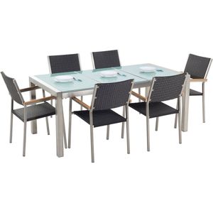 Tuinset tafel en 6 stoelen zwart RVS wicker matglazen driedelig tafelblad houtlook armleuningen