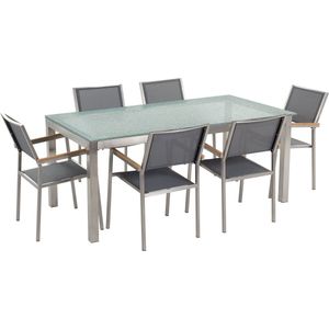 Tuinset tafel en 6 stoelen grijs RVS textiel matglazen tafelblad houtlook armleuningen