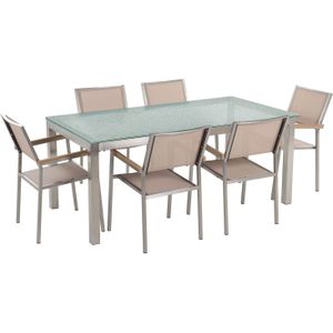 Tuinset tafel en 6 stoelen beige RVS textiel matglazen tafelblad houtlook armleuningen
