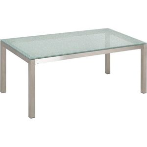 Tuinset tafel en 6 stoelen wit RVS textiel matglazen tafelblad houtlook armleuningen