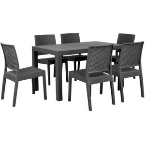 Tuinset tafel en stoelen donkergrijs wicker 6-zits