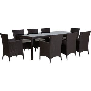 Tuinmeubelset tafel 8 stoelen zwart/wit wicker glazen tafelblad kussens traditioneel