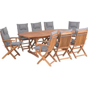 Tuinset tafel set van 8 stoelen grijs/acaciahout opklapbaar kussens