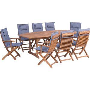Tuinset tafel set van 8 stoelen blauw/acaciahout opklapbaar kussens
