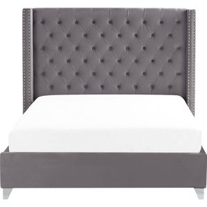 Gestoffeerd bed grijs lattenbodem bed lade 180 x 200 cm hoog hoofdbord metalen raamwerk retro modern