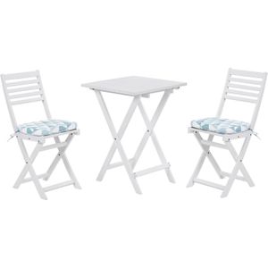 Balkonset tuintafel set van 2 stoelen wit acaciahout opklapbaar met wit/blauwe kussens