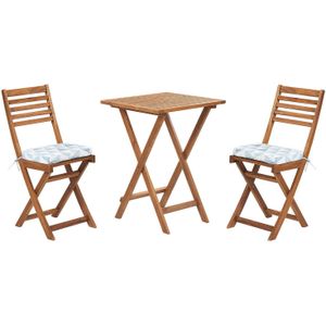 Balkonset tuintafel set 2 stoelen lichtbruin acaciahout opklapbaar met lichtblauw/bruine kussens