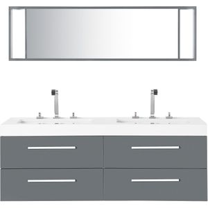 Badkamermeubel grijs/wit/zilver MDF acryl zwevende ladekasten dubbele wasbak spiegel modern