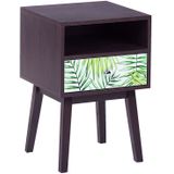 Nachtkastje donker houten kap palmmotief MDF houtvezelplaat rubberhout 61 x 40 x 40 cm lade met junglemotief slaapkamer