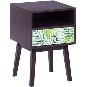 Nachtkastje donker houten kap palmmotief MDF houtvezelplaat rubberhout 61 x 40 x 40 cm lade met junglemotief slaapkamer