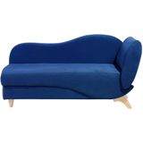 Chaise longue donkerblauw fluweel opbergruimte verstelbare armleuning rechtszijdig