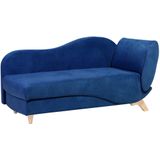 Chaise longue donkerblauw fluweel opbergruimte verstelbare armleuning rechtszijdig