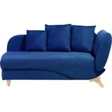 Chaise longue donkerblauw fluweel opbergruimte verstelbare armleuning rechtszijdig