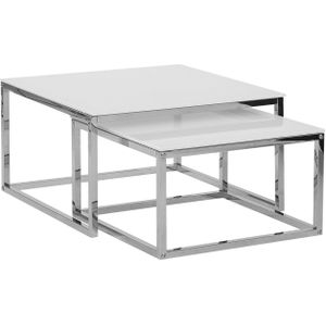 Couchtisch 2er Set Weiß mit Silber Glastischplatte Metallbeinen Poliert Minimalistisch Quadratisch Modern