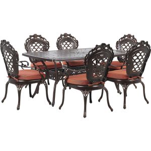 Tuinset tafel 6 stoelen donkerbruin oranje aluminium kussens traditioneel