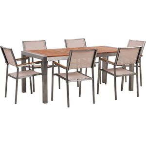 Tuinset tafel en 6 stoelen beige RVS eucalyptushout houtlook armleuningen