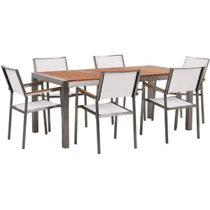 Tuinset tafel en 6 stoelen wit eucalyptushout RVS textiel houtlook armleuningen