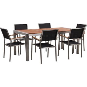 Tuinset tafel en 6 stoelen zwart eucalyptushout RVS textiel houtlook armleuningen
