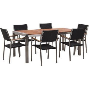 Tuinset tafel en 6 stoelen zwart eucalyptushout RVS textiel houtlook armleuningen