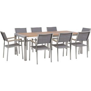 Tuinset tafel en 8 stoelen zwart eucalyptushout RVS textiel houtlook armleuningen