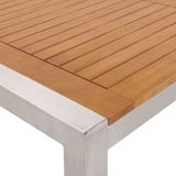 Tuinset tafel en 8 stoelen wit RVS textiel eucalyptushout tafelblad houtlook armleuningen