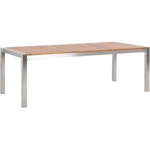 Tuinset tafel en 8 stoelen wit RVS textiel eucalyptushout tafelblad houtlook armleuningen