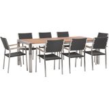Tuinset tafel en 8 stoelen zwart RVS wicker eucalyptushout tafelblad houtlook armleuningen