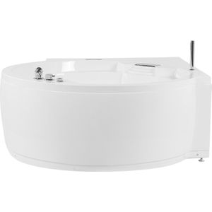 Whirlpool hoekbad acryl wit massagestralen ⌀ 150 cm met LED-verlichting Bluetooth-luidspreker