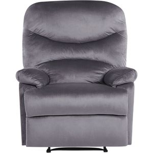 Relaxfauteuil grijs fluweel bekleding push-back handmatig verstelbare rugleuning en voetensteun retro ontwerp fauteuil