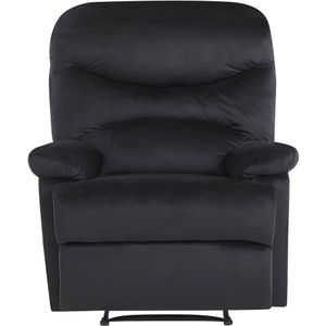 Relaxfauteuil zwart fluweel bekleding push-back handmatig verstelbare rugleuning en voetensteun retro ontwerp fauteuil