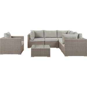 Loungeset hoekbank fauteuil en salontafel taupe/grijs wicker 5-zits kussens