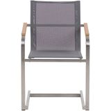 Tuinstoel grijs/zilver RVS set van 2 sledestoelen houtlook armleuningen