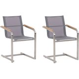 Tuinstoel grijs/zilver RVS set van 2 sledestoelen houtlook armleuningen