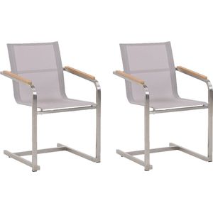 Tuinstoel beige/zilver RVS set van 2 sledestoelen houtlook armleuningen