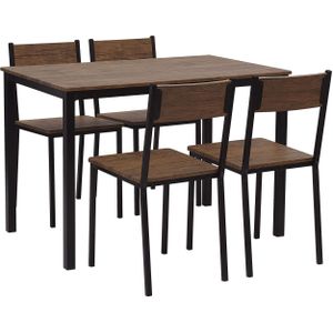 Eetkamerset donker hout tafelblad zwart staal poten rechthoekig tafel 110 x 70 cm 4 stoelen modern industrieel