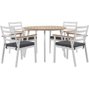 Tuinset wit aluminium/kunsthout 4-zits ronde tafel ø 105 cm met kussens