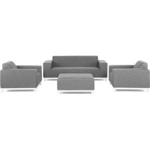 Loungeset driezitsbank 2 fauteuils salontafel grijs polyester metaal 5-zits witte poten